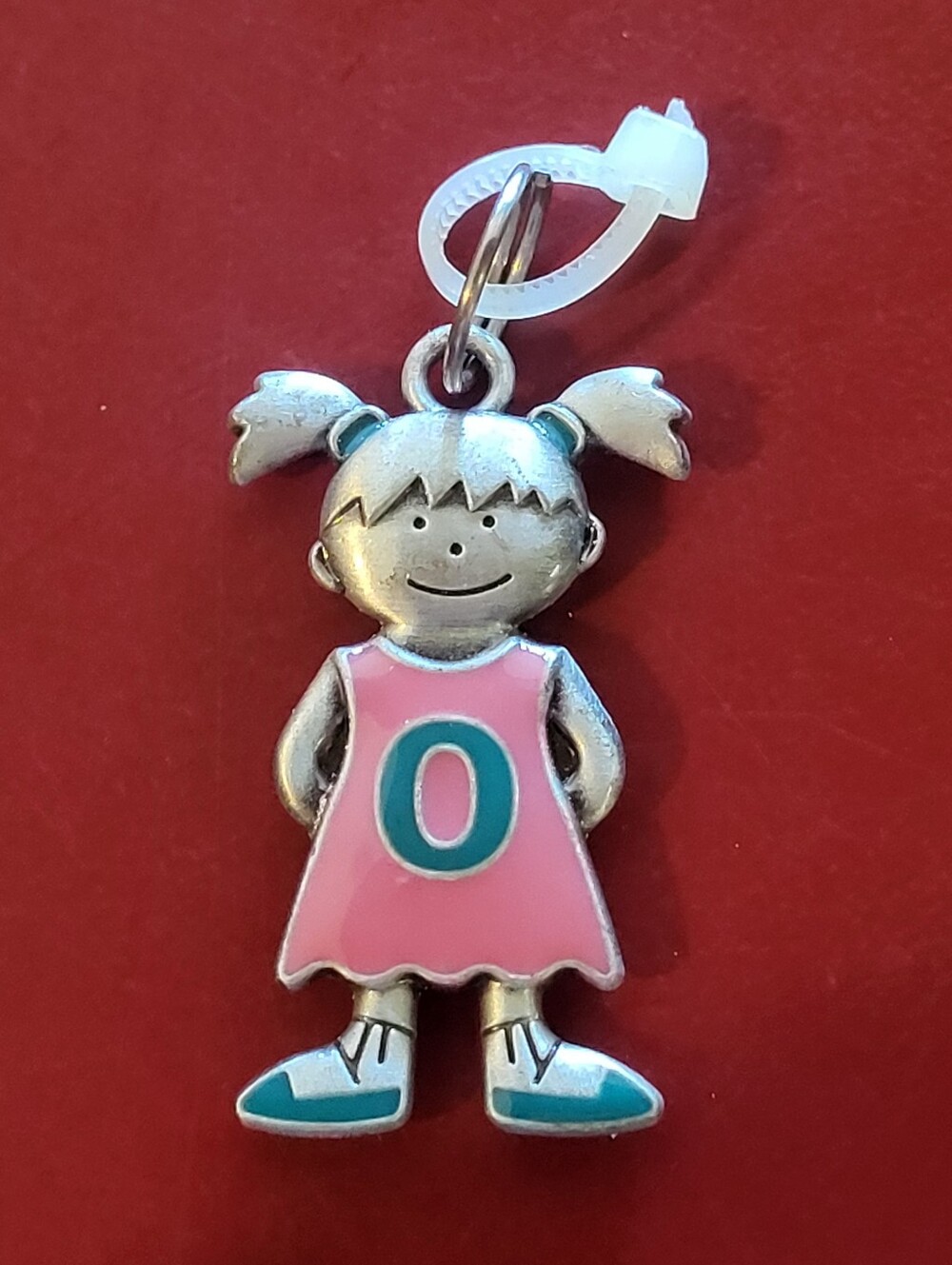 Ganz silver tone Girl Charm Initial Letter O Pink Dress Girl with Pigtails